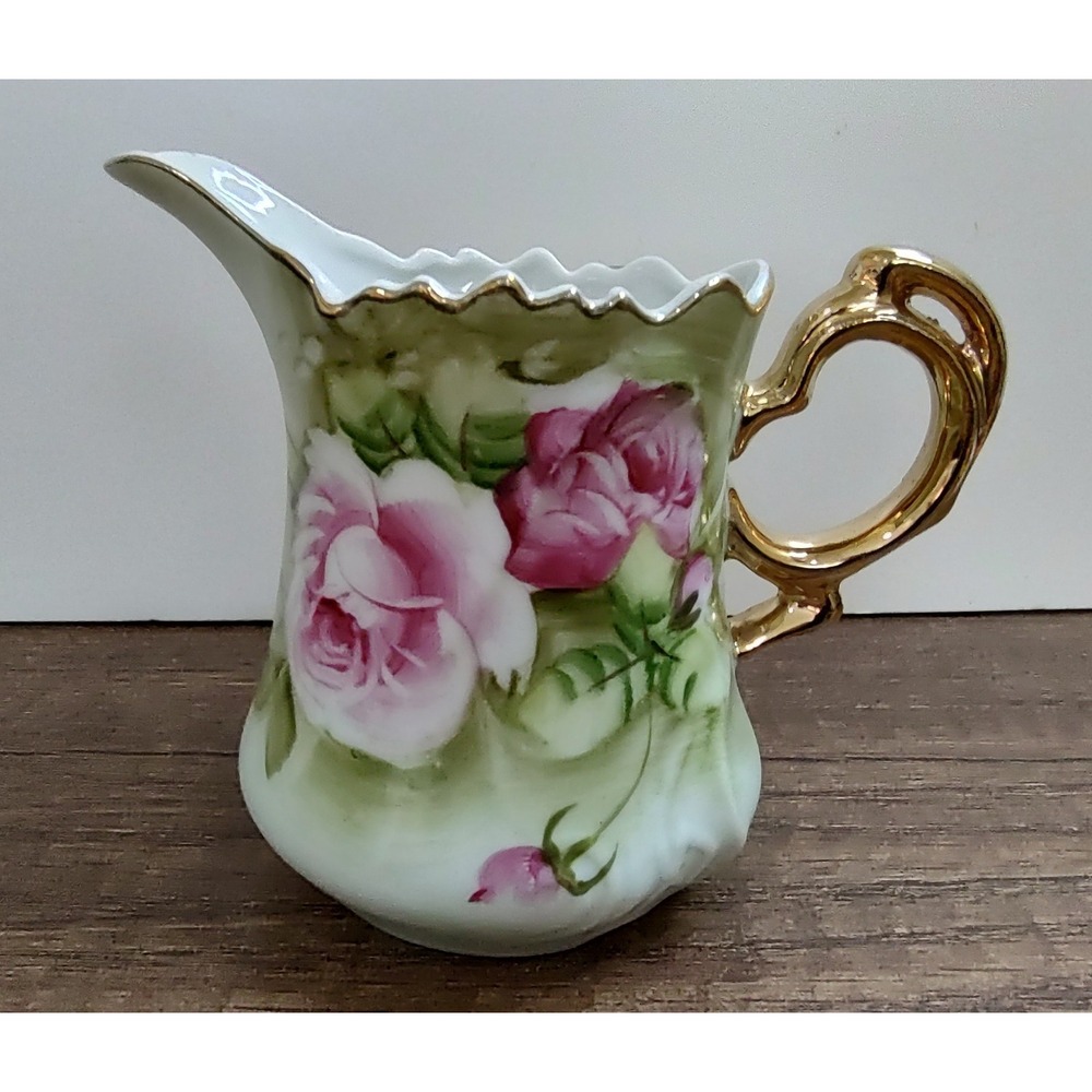 Lefton Creamer 3 1/2 Inch Heritage Green Rose 3066 Vintage Gold Trim